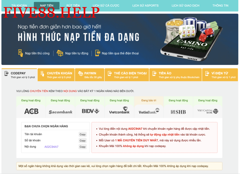 Nạp tiền Five88 qua hình thức ngân hàng