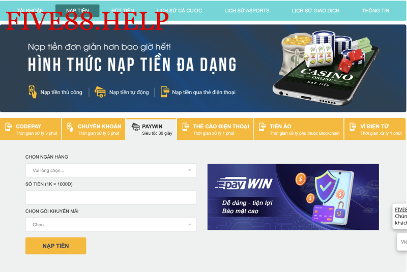 Nạp tiền Five88 Paywin 