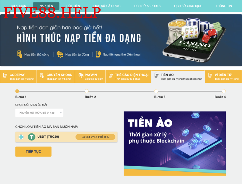 Nạp tiền Five88 qua tiền ảo