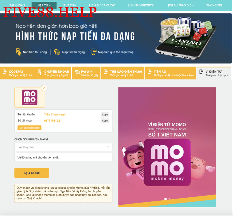 Nạp tiền Five88 Momo