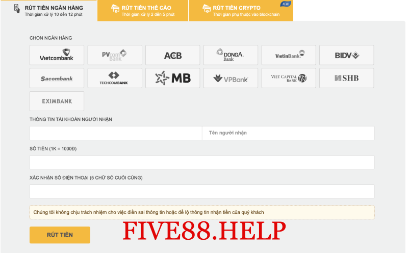Cách rút tiền Five88 qua ngân hàng